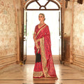 Mojo Red Silk With Banarasi Print Work Saree - Trirath Yamuna