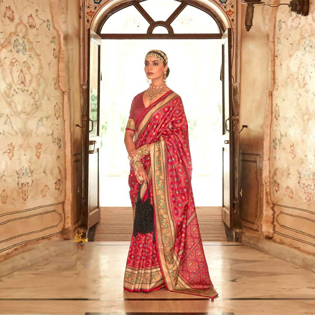Mojo Red Silk With Banarasi Print Work Saree - Trirath Yamuna