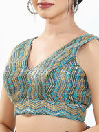 Joban Fashion Blue Multi Silk Padded Blouse With V Neck Sleeveless - Distacart