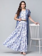 Ahalyaa Women Blue Crepe Printed Top with Skirt with Net Overlay - Distacart