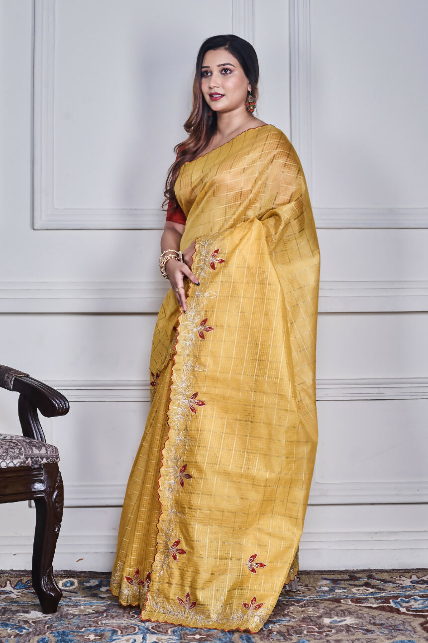 Morchari Yellow Kota Check Zari Embroidery Saree Unstitched Blouse - Distacart