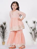 Little Bansi Girls Cotton Gotta Patti Kurta frock with Sharara & Dupatta - Peach