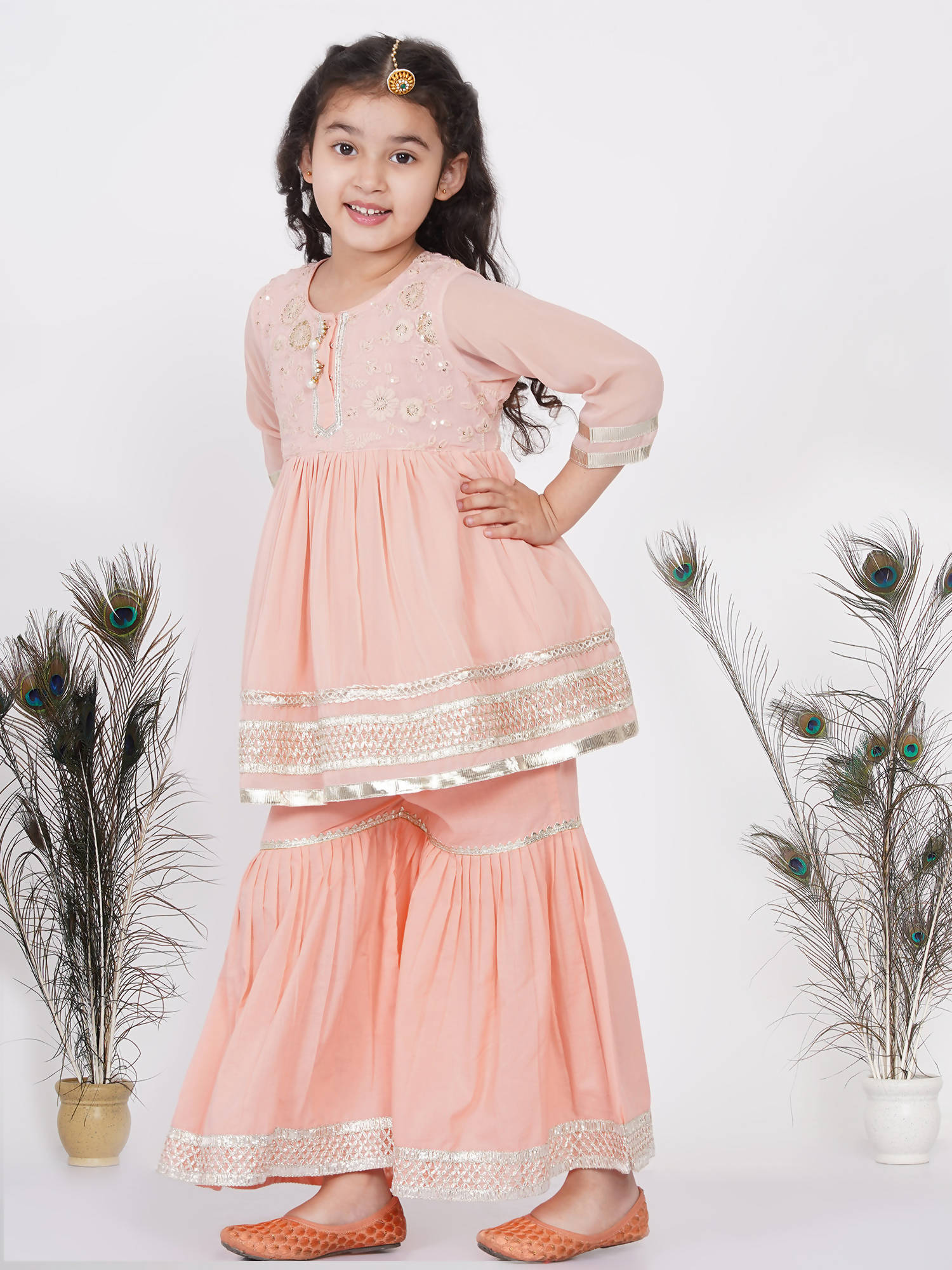 Little Bansi Girls Cotton Gotta Patti Kurta frock with Sharara & Dupatta - Peach