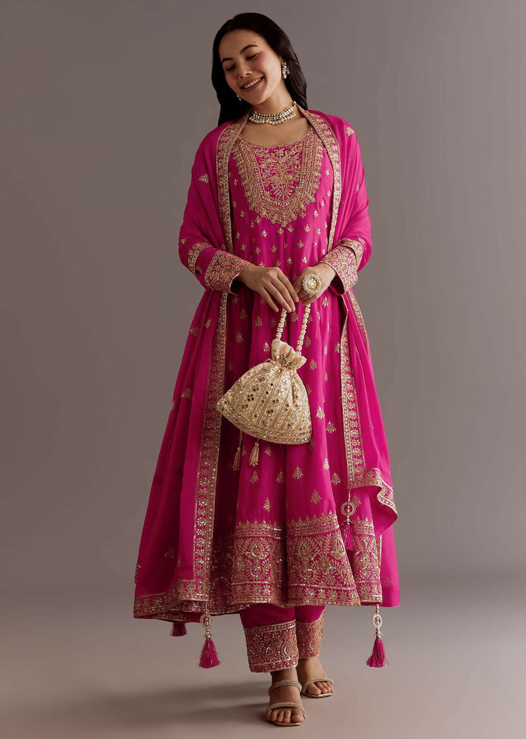 Teeya Creation Pink Color Chinnon Silk Embroidery Work Gown - Distacart