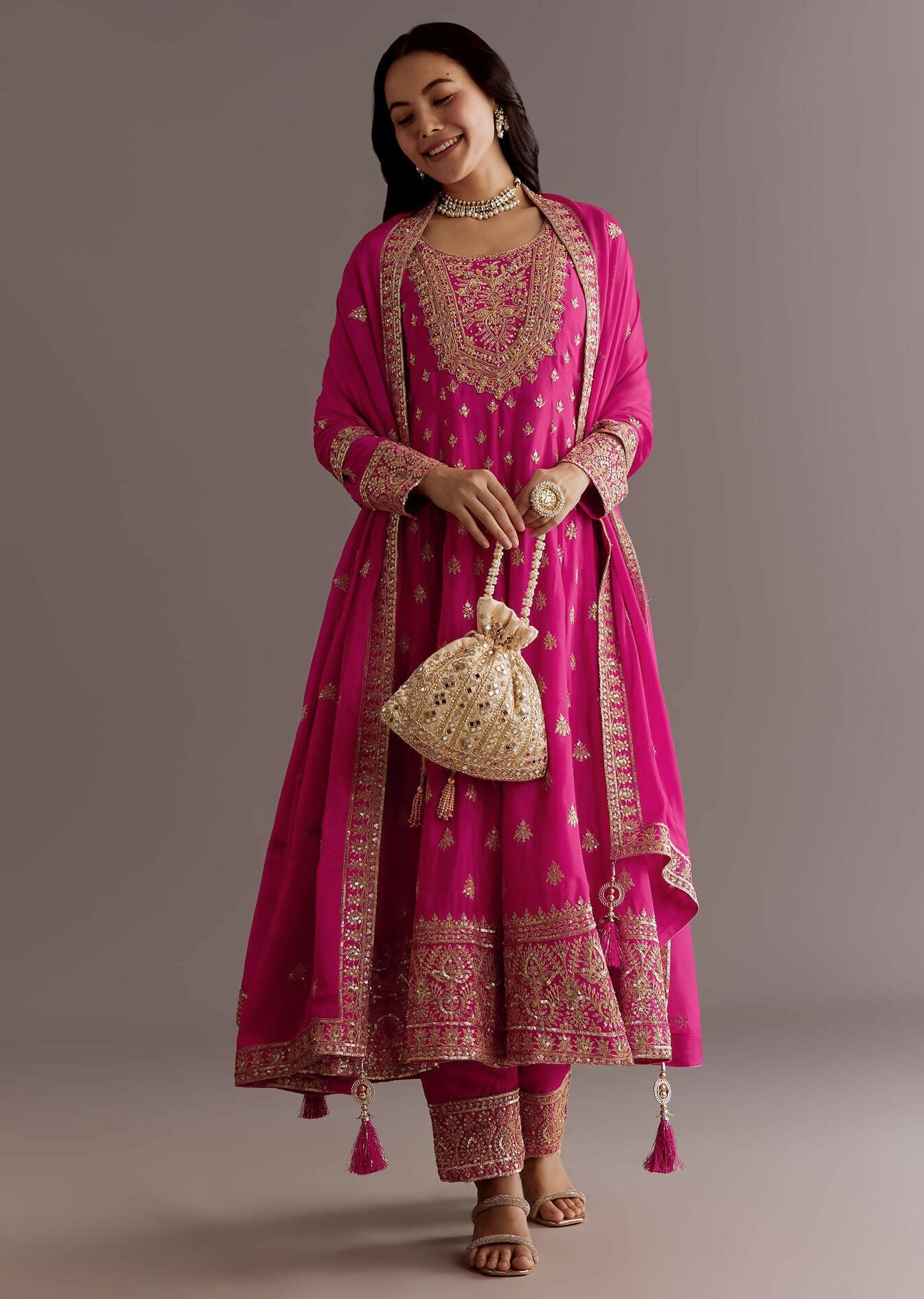 Teeya Creation Pink Color Chinnon Silk Embroidery Work Gown - Distacart