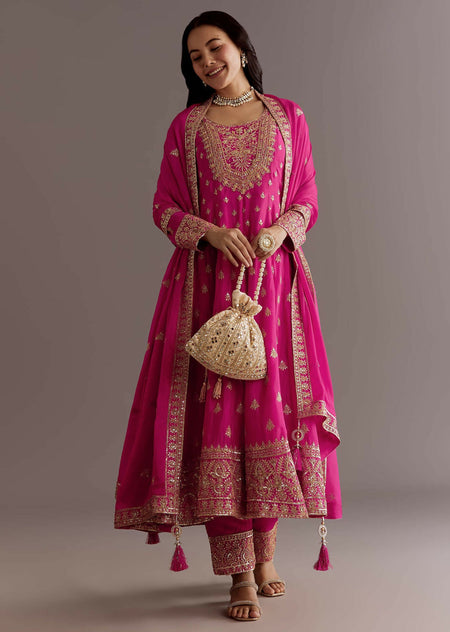 Teeya Creation Pink Color Chinnon Silk Embroidery Work Gown