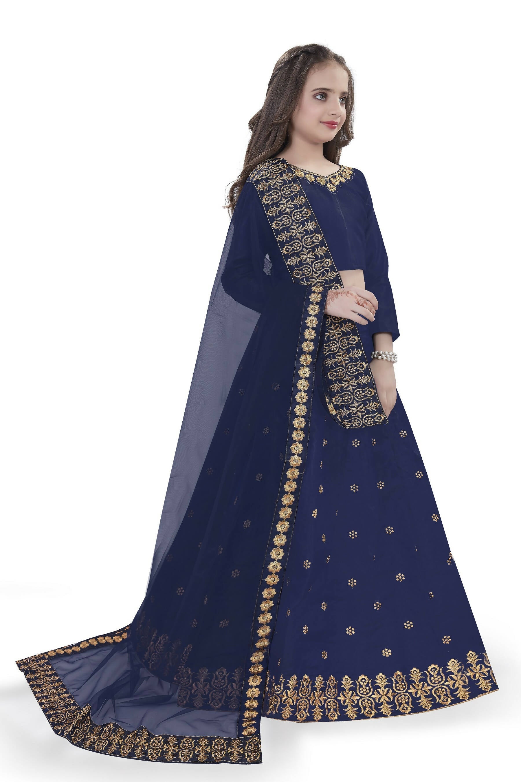 Dwiden Navy Blue Queen Tafetta Sattin Semi-Stitched Girl's Lehenga Choli