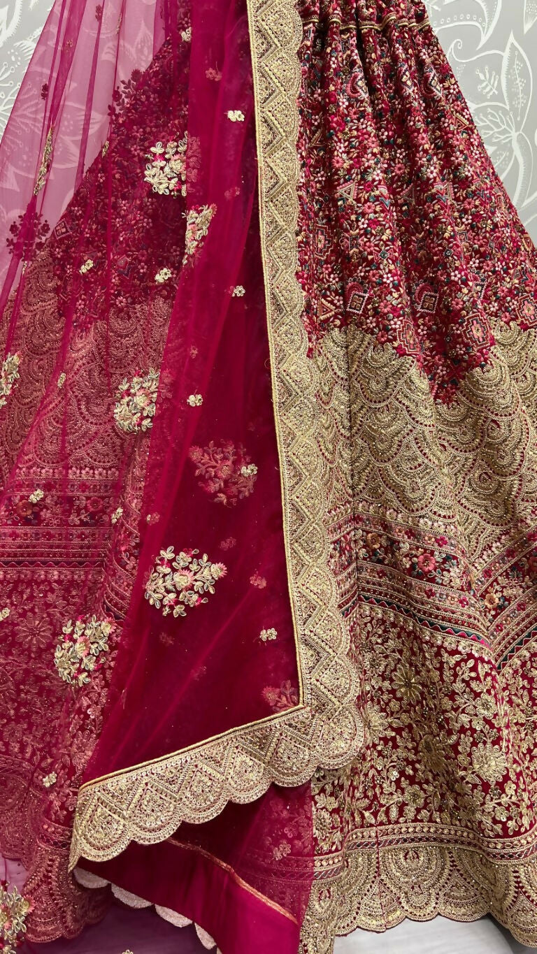 Jyoti Fashion Women's Rani Pink Velvet Fancy Dori & Sequins Multi Thread Embroidered with Diamond Work Wedding Lehenga Choli