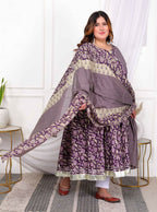 Miravan Women's Plus Size Purple cotton Floral Gota Lace Work Anarkali Kurta And Dupatta
