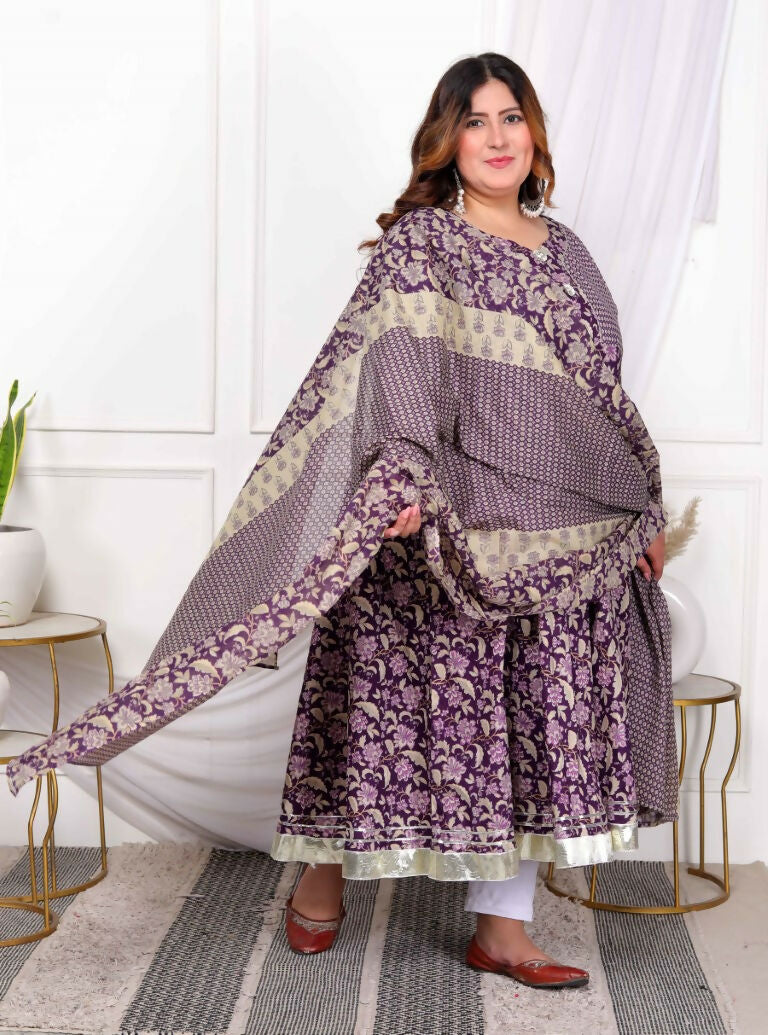 Miravan Women's Plus Size Purple cotton Floral Gota Lace Work Anarkali Kurta And Dupatta