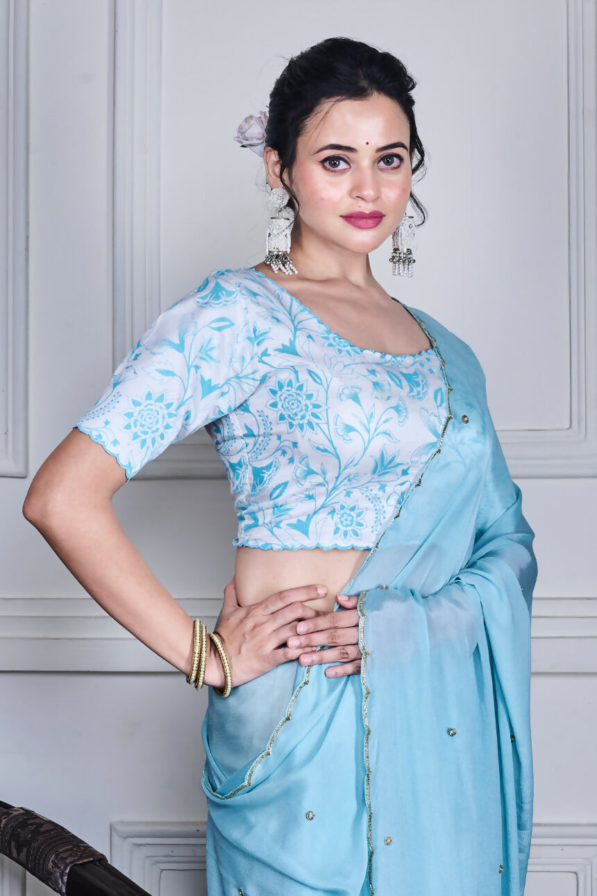 Morchari Blue Chiffon Hand Embroidery Saree And Stitched Blouse - Distacart