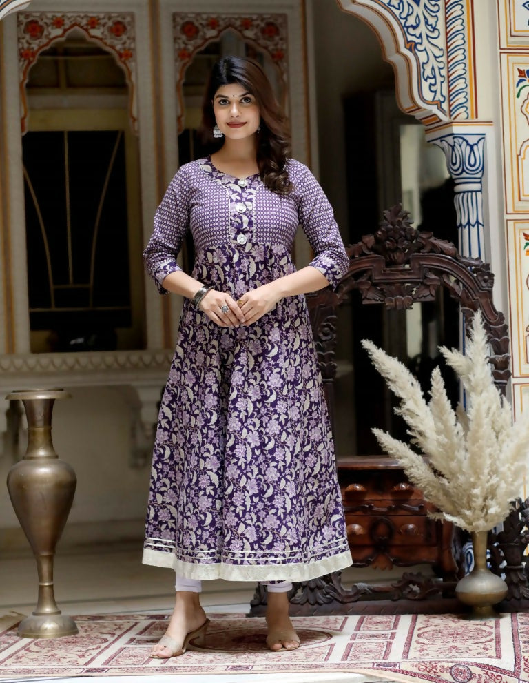 Miravan Women's Purple Cotton Floral Gota Lace Work Anarkali Kurta