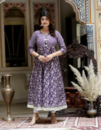 Miravan Women's Purple Cotton Floral Gota Lace Work Anarkali Kurta