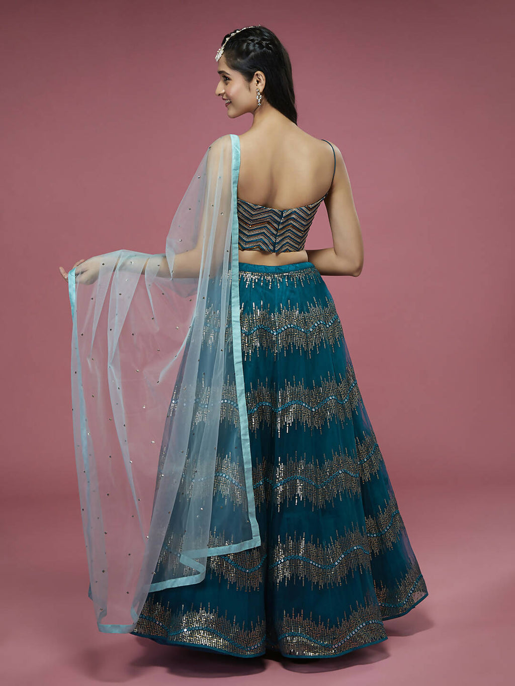 House of Panchhi Teal Net Sequinse Embroidered Lehenga & Blouse with Dupatta