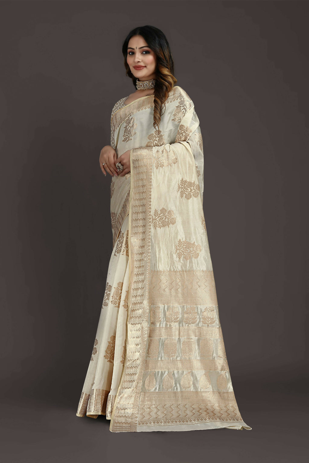Off White Pure Raw Silk Zari Woven Saree with Unstitched Blouse Piece - Alisha