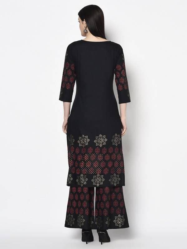 Aniyah Rayon Black Color Block Print Straight Kurta Palazzo Set (AN-189K)
