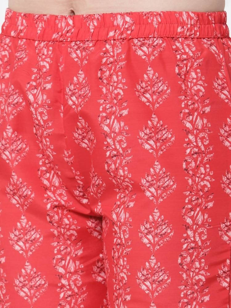 Myshka Red Color Cotton Printed Kurta With Pant Dupatta Set