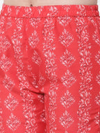 Myshka Red Color Cotton Printed Kurta With Pant Dupatta Set