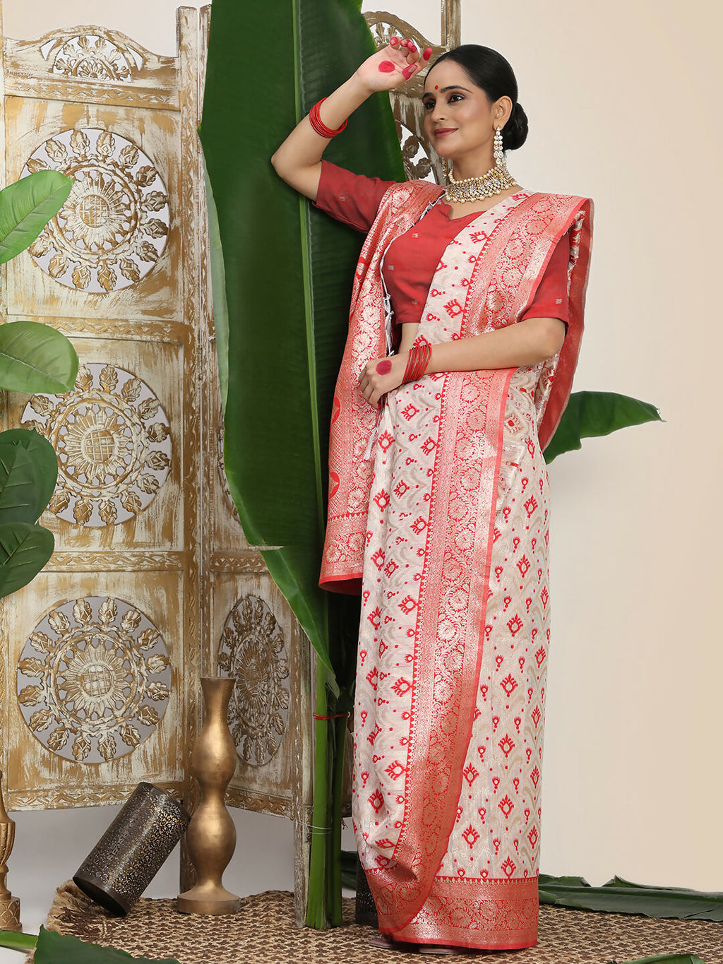 Shree Shyam Fashion Linen Cotton Red & White Saree - Distacart