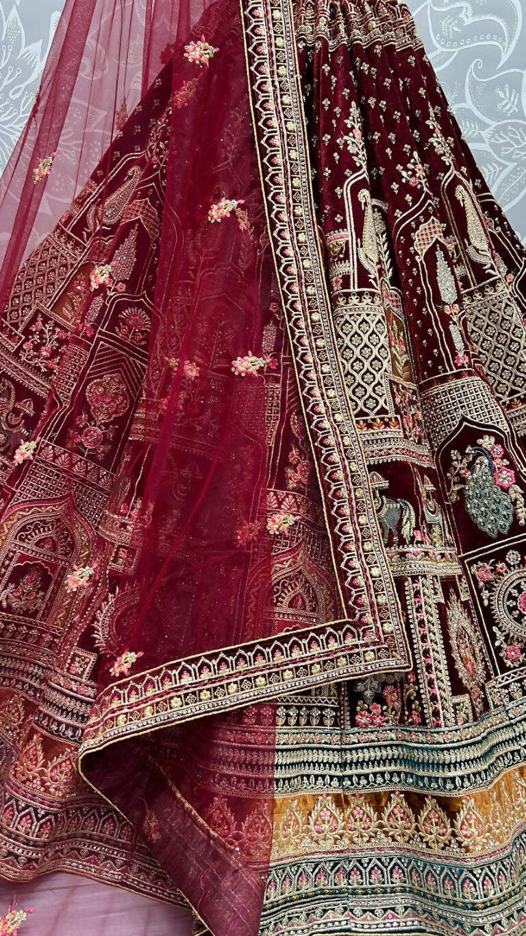 Jyoti Fashion Women's Maroon Velvet Fancy Dori & Sequins with Multi Thread Embroidered with Diamond Work Wedding Lehenga Choli