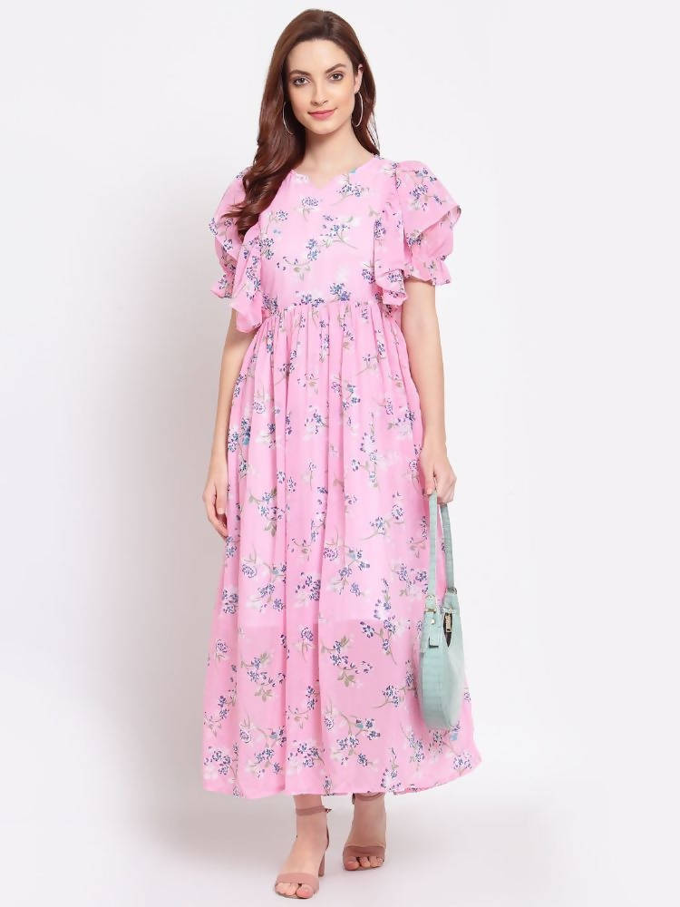 Myshka Women's Pink Printed Georgette Half Sleeve Round Neck Casual Dress
