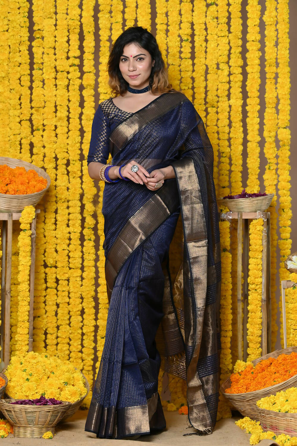 Very Much Indian Rajsi - Handloom Ari Checks Cotton Silk Saree With Golden Border - Indigo Blue