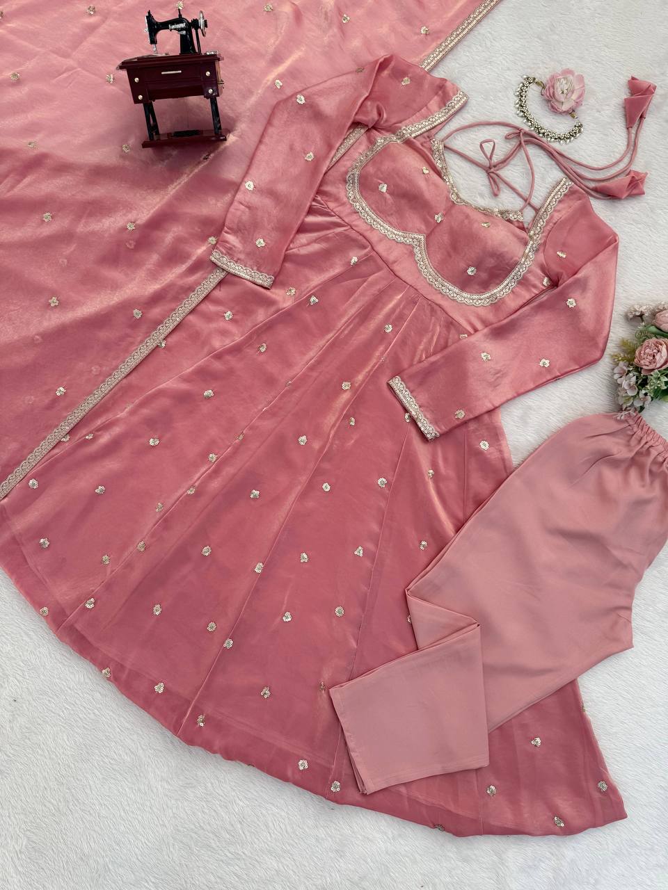 Prazu Fashion Dusty Rose Pink Fendy Silk Thread Sequence Anarkali Suit - Distacart