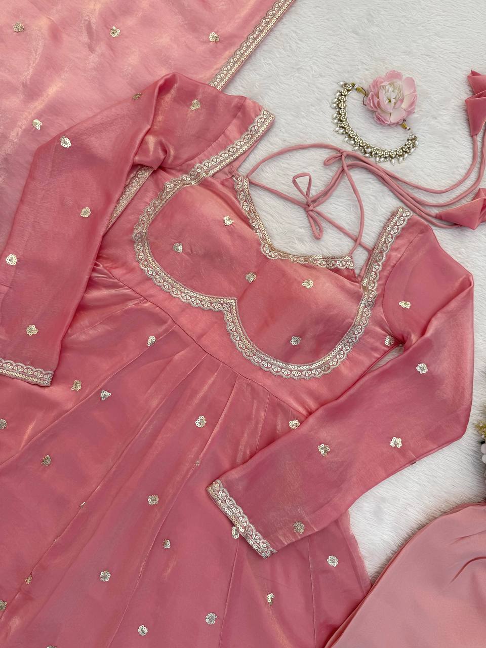 Prazu Fashion Dusty Rose Pink Fendy Silk Thread Sequence Anarkali Suit - Distacart