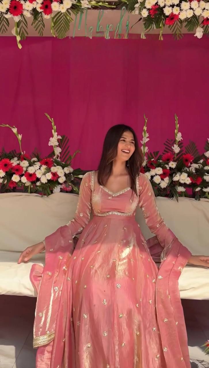 Prazu Fashion Dusty Rose Pink Fendy Silk Thread Sequence Anarkali Suit - Distacart