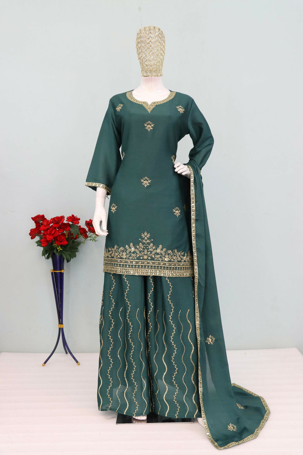 Teeya Creation Teal Color Chinon Silk Heavy Embroidery Work Party Wear Palazzo Set - Distacart