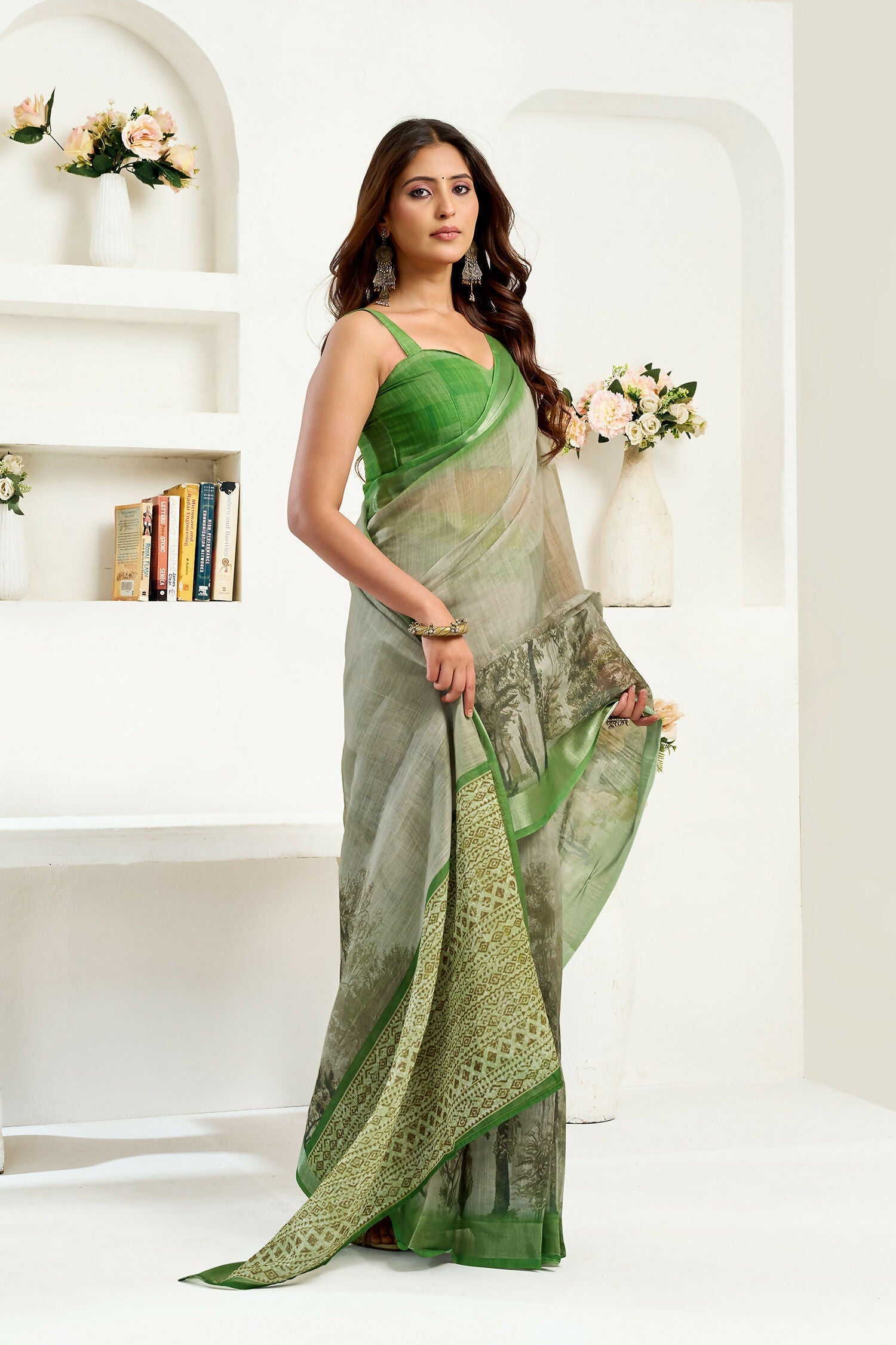 Joban Fashion Green Floral & Ethnic Motifs Linen Ready To Wear Saree With Unstitched Blouse - Distacart