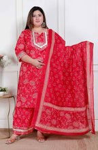 Miravan Plus Size Red Floral Print Embroidered Cotton Straight Kurta With Palazzo & Dupatta - Distacart