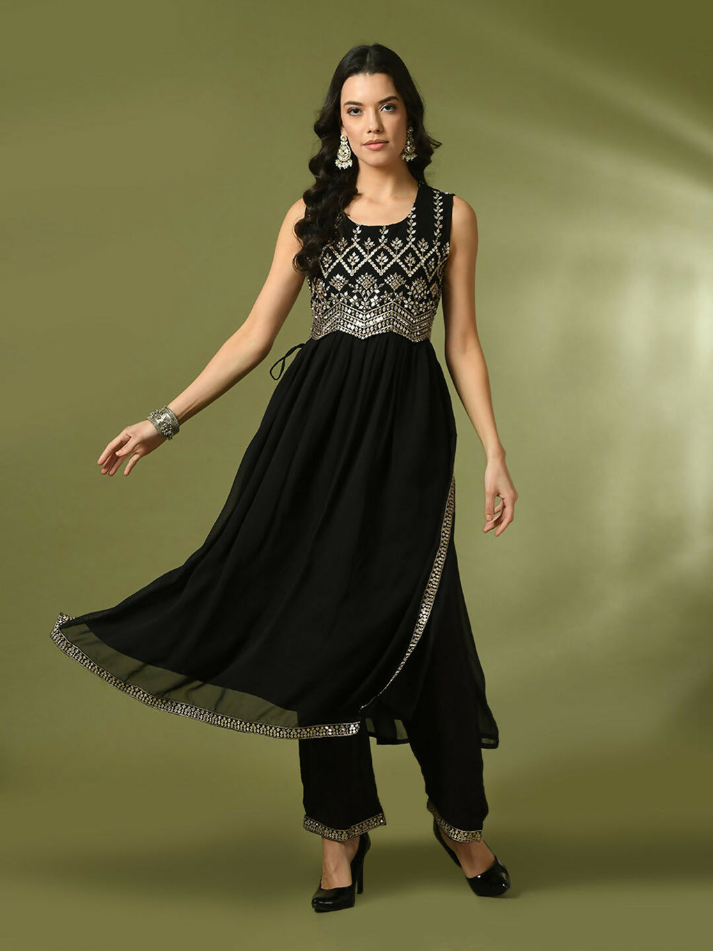 Myshka Women's Black Embroidered Georgette Anarkali Party Kurta Set
