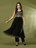Myshka Women's Black Embroidered Georgette Anarkali Party Kurta Set