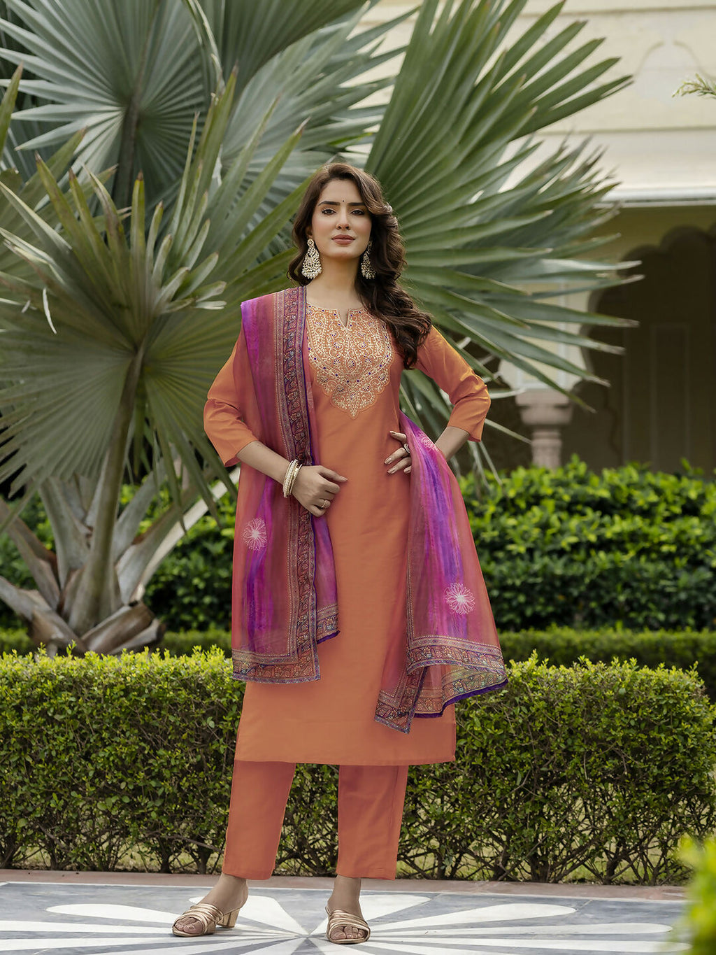 The52 Orange Women's Gorgeous Embroidered Rayon Fabric with Straight Kurta, Pant and Dupatta Set - Distacart