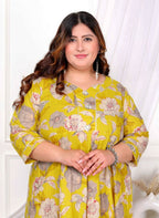 Miravan Women's Plus Size Cotton Gota Patti And Lace Border Details Floral Printed Yellow Anarkali Kurta