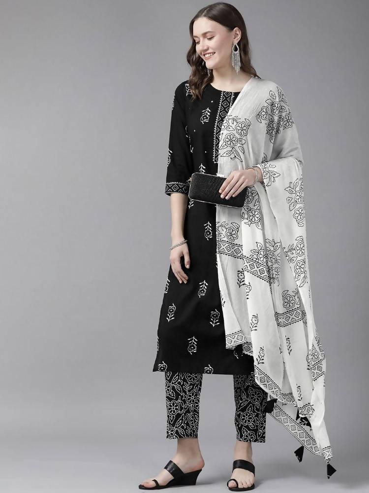 Yufta Women Black & White Ethnic Print Sequined Pure Cotton Kurta with Trouser and Dupatta