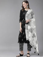 Yufta Women Black & White Ethnic Print Sequined Pure Cotton Kurta with Trouser and Dupatta
