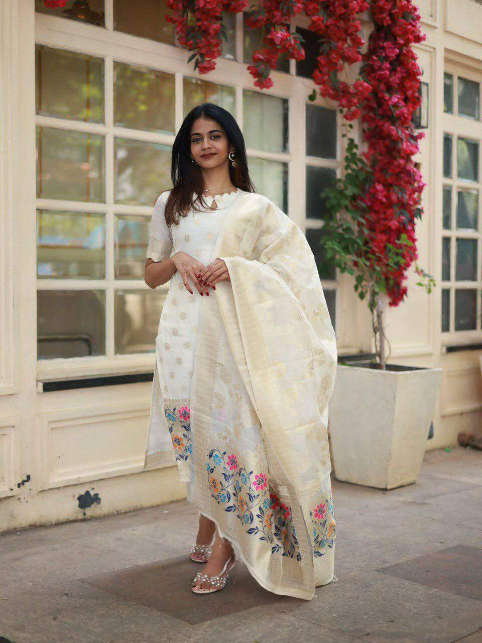 The52 White Women's Beautiful Viscose Jacquard Fabric Printed Work Straight Kurta Pant and Dupatta Set - Distacart