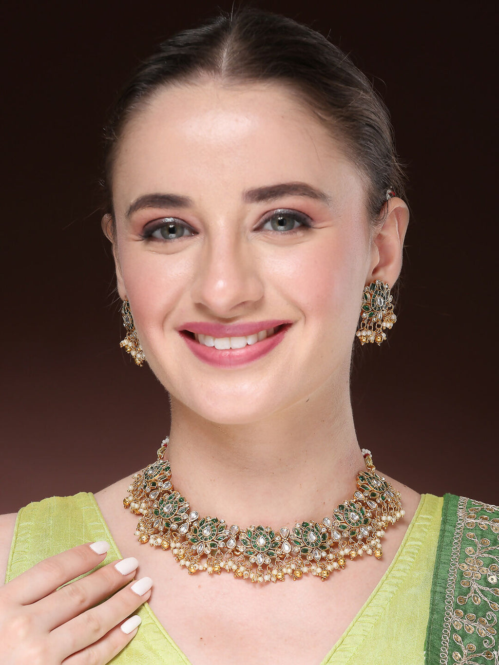 NVR Women's Gold-Polished Green Kundan- Studded & Beaded Handcrafted Temple Jewellery Set