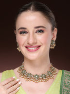 NVR Women's Gold-Polished Green Kundan- Studded & Beaded Handcrafted Temple Jewellery Set