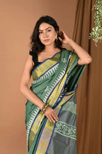 Very Much Indian Pure Cotton Handloom Saree With Intricate Borders - Green - Distacart