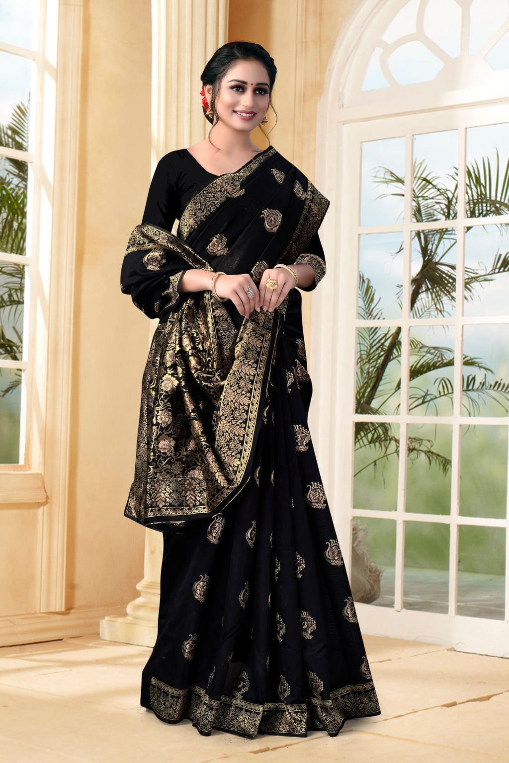 Vedant Vastram Litchi Silk Designer Banarasi Saree - Black - Distacart