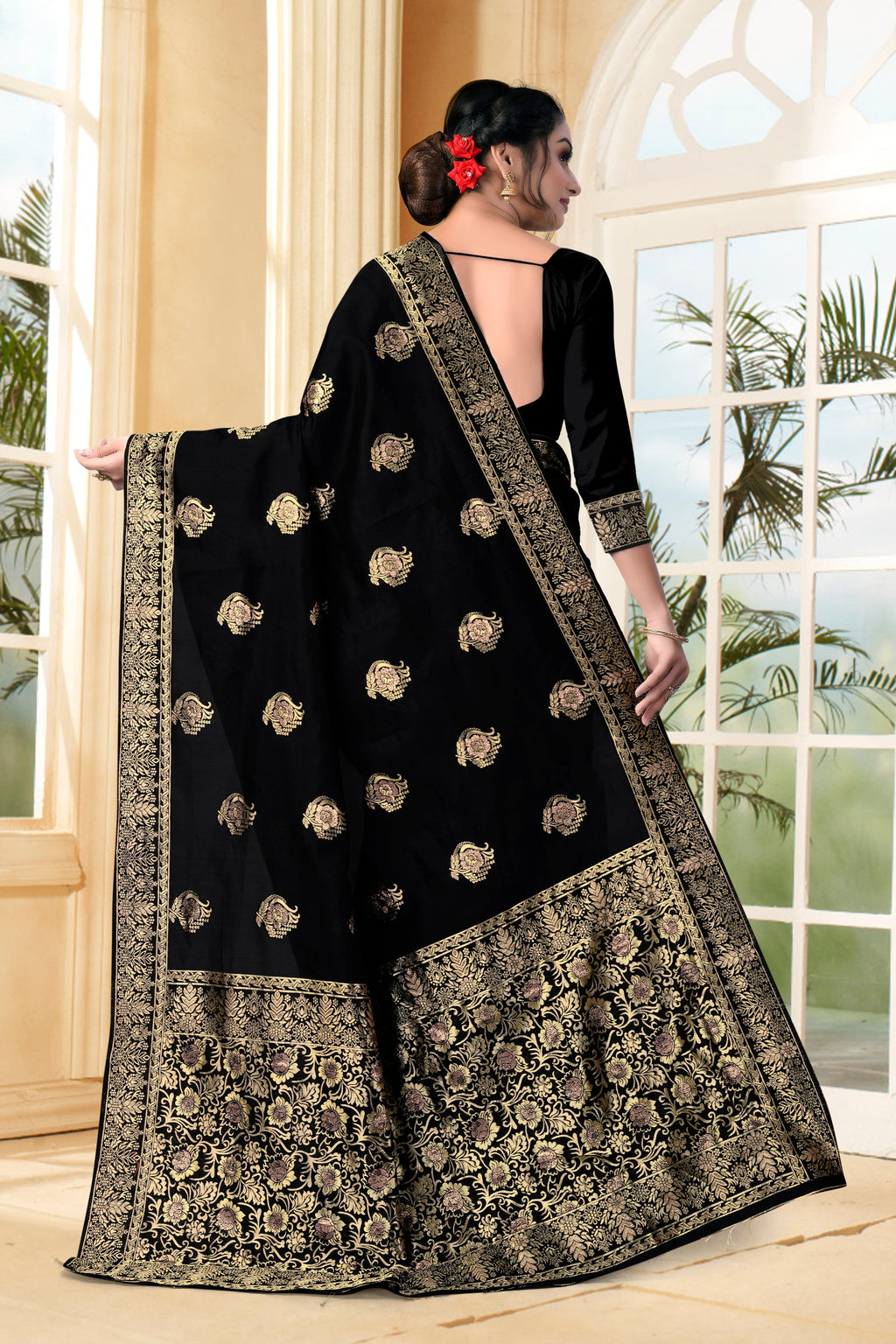 Vedant Vastram Litchi Silk Designer Banarasi Saree - Black - Distacart