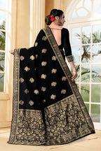 Vedant Vastram Litchi Silk Designer Banarasi Saree - Black - Distacart