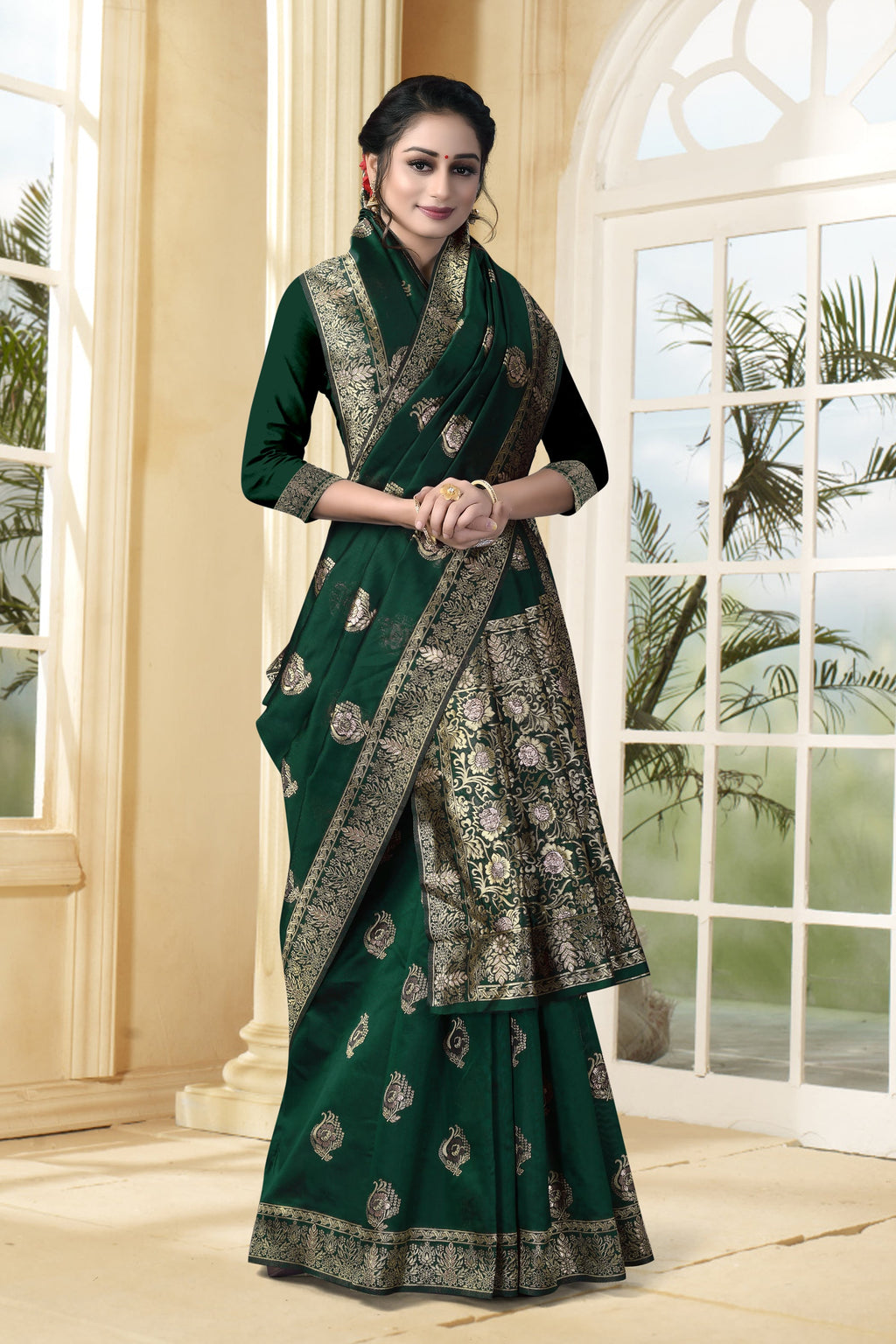 Vedant Vastram Litchi Silk Designer Banarasi Saree - Bottle Green - Distacart