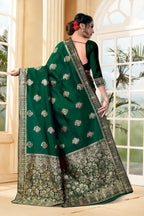 Vedant Vastram Litchi Silk Designer Banarasi Saree - Bottle Green - Distacart