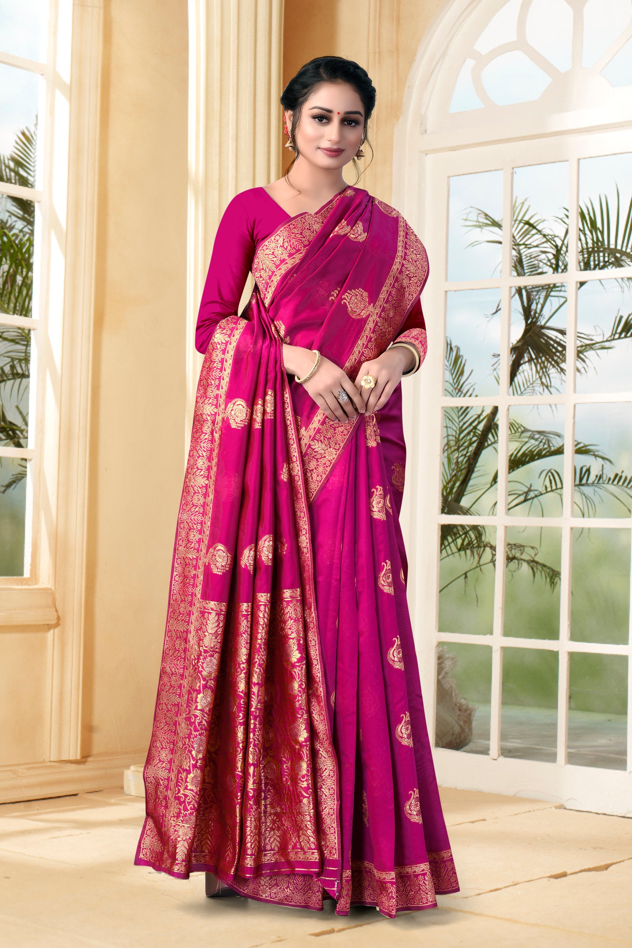 Vedant Vastram Litchi Silk Designer Banarasi Saree - Magenta - Distacart