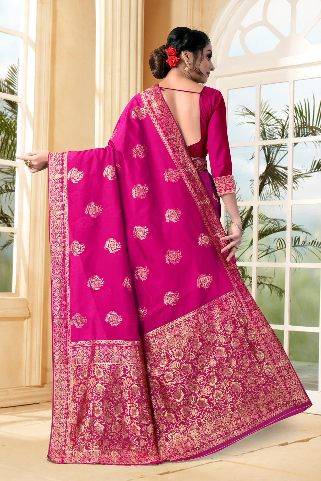 Vedant Vastram Litchi Silk Designer Banarasi Saree - Magenta - Distacart