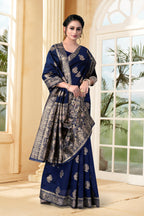 Vedant Vastram Litchi Silk Designer Banarasi Saree - Navy Blue - Distacart